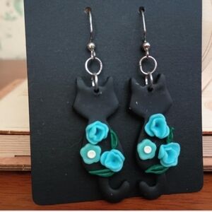 Black Cat Earrings with Blue Floral Accents